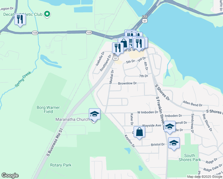 map of restaurants, bars, coffee shops, grocery stores, and more near 2 West Enlow Drive in Decatur