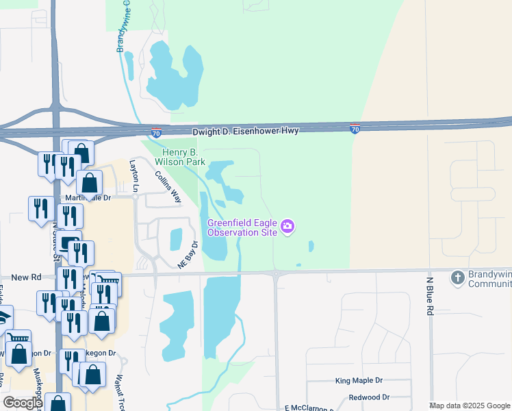 map of restaurants, bars, coffee shops, grocery stores, and more near 2222 Hickory Boulevard in Greenfield