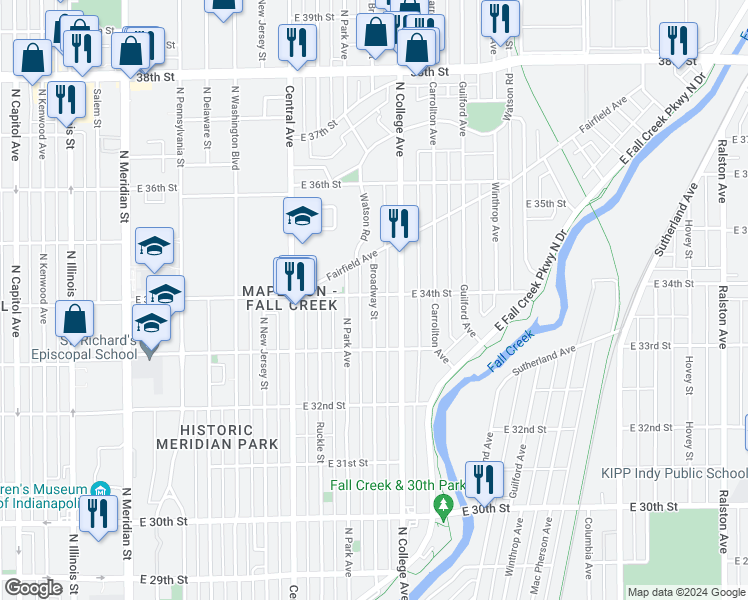 map of restaurants, bars, coffee shops, grocery stores, and more near 3370 Broadway St in Indianapolis