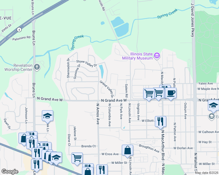 map of restaurants, bars, coffee shops, grocery stores, and more near 6 Grand Valley Drive in Springfield