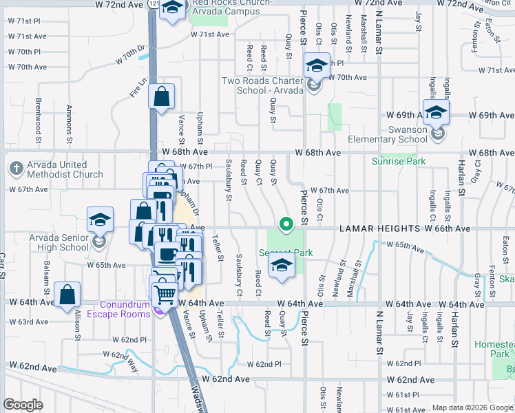 map of restaurants, bars, coffee shops, grocery stores, and more near 6644 Reed Street in Arvada