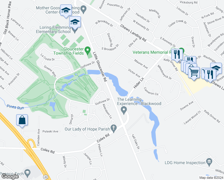 map of restaurants, bars, coffee shops, grocery stores, and more near 514 Little Gloucester Road in Gloucester Township