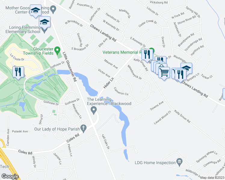 map of restaurants, bars, coffee shops, grocery stores, and more near 26 Cameron Circle in Laurel Springs