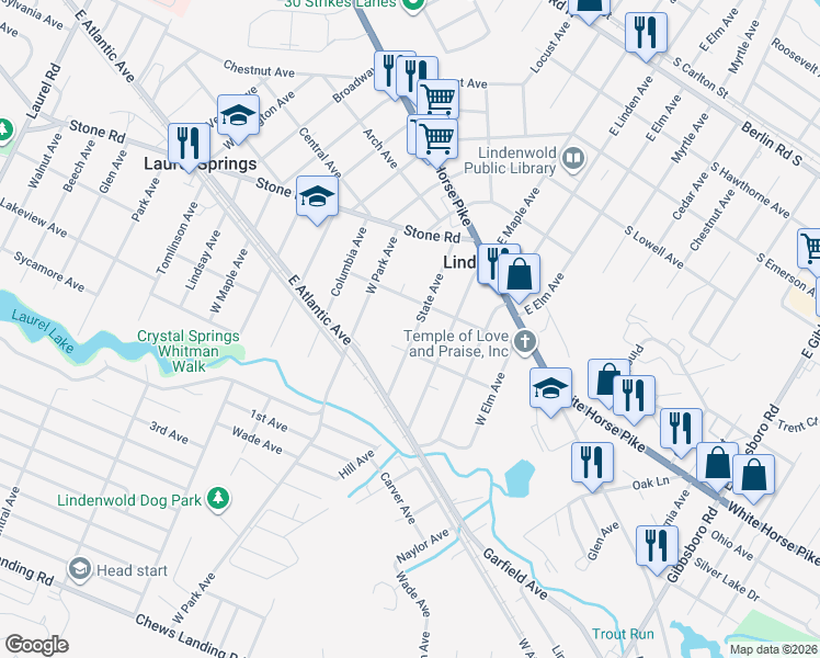 map of restaurants, bars, coffee shops, grocery stores, and more near 120 State Avenue in Lindenwold
