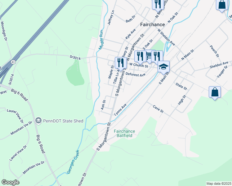 map of restaurants, bars, coffee shops, grocery stores, and more near 52 South Morgantown Street in Fairchance