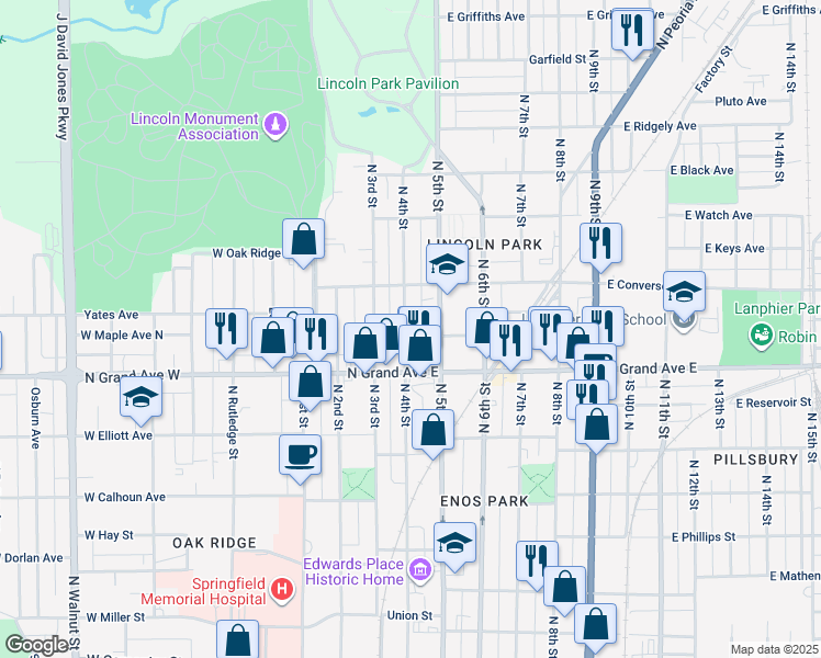 map of restaurants, bars, coffee shops, grocery stores, and more near 1244 North 4th Street in Springfield