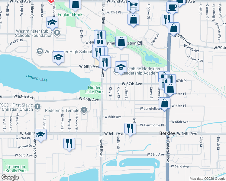 map of restaurants, bars, coffee shops, grocery stores, and more near 6650 King Street in Denver