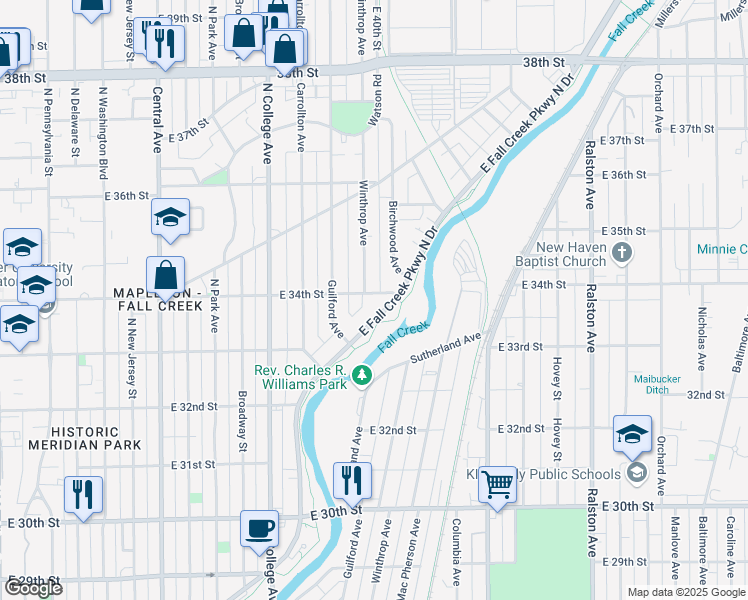 map of restaurants, bars, coffee shops, grocery stores, and more near 949 East 34th Street in Indianapolis