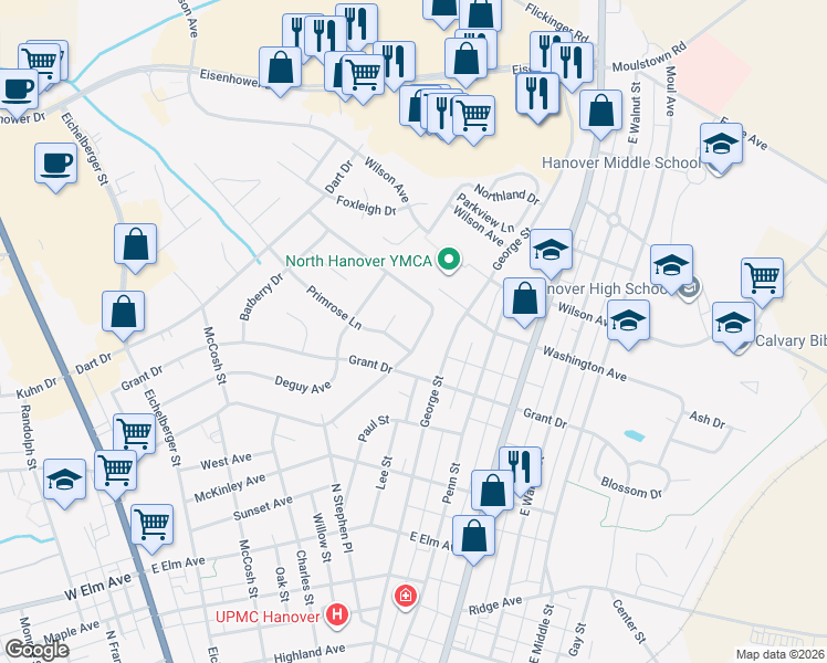 map of restaurants, bars, coffee shops, grocery stores, and more near 410 Clearview Rd in Hanover