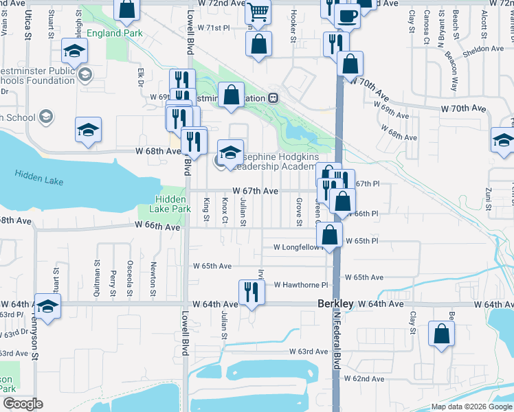map of restaurants, bars, coffee shops, grocery stores, and more near 6639 Irving Street in Denver