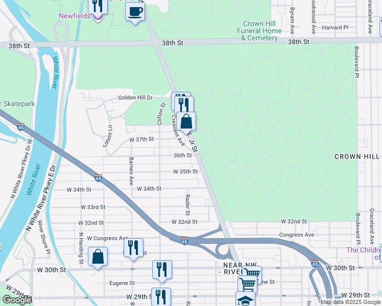 map of restaurants, bars, coffee shops, grocery stores, and more near 1000 36th Street in Indianapolis
