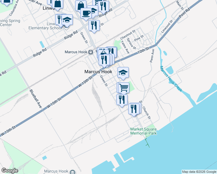 map of restaurants, bars, coffee shops, grocery stores, and more near 801 Green Street in Marcus Hook