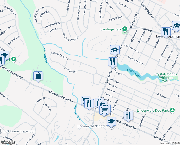 map of restaurants, bars, coffee shops, grocery stores, and more near 731 Bentley Road in Lindenwold