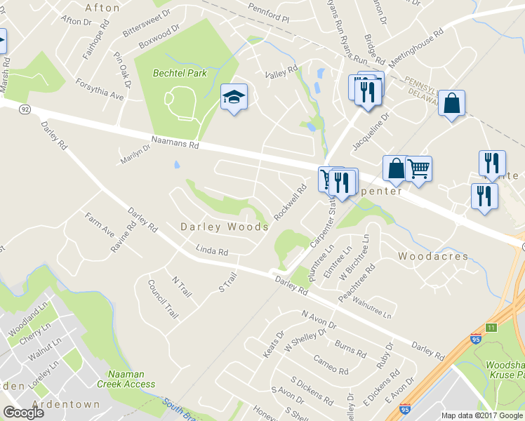 map of restaurants, bars, coffee shops, grocery stores, and more near 1006 Stonewood Road in Wilmington