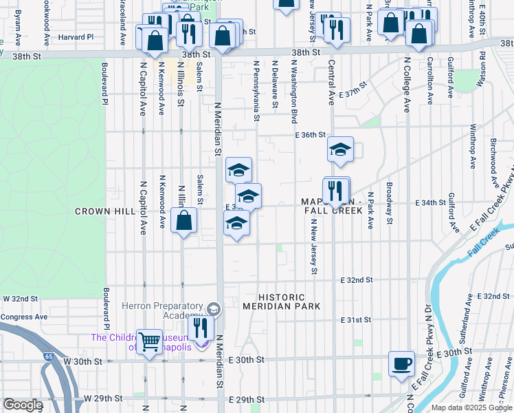 map of restaurants, bars, coffee shops, grocery stores, and more near North Pennsylvania Street & East 34th Street in Indianapolis