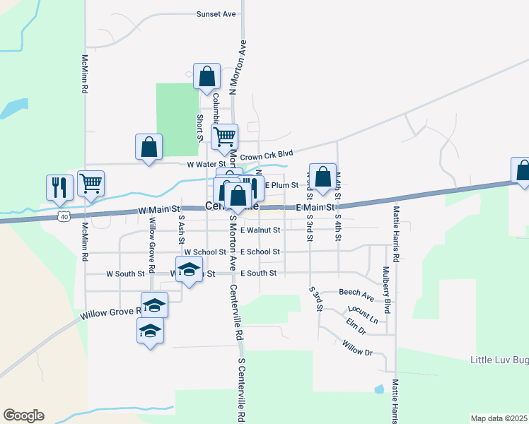 map of restaurants, bars, coffee shops, grocery stores, and more near 205 East Main Street in Centerville