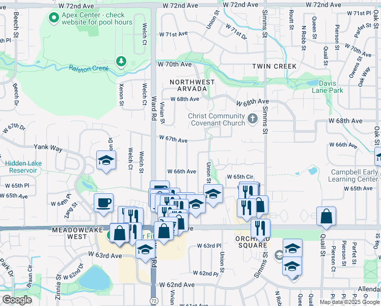 map of restaurants, bars, coffee shops, grocery stores, and more near 6652 Urban Court in Arvada