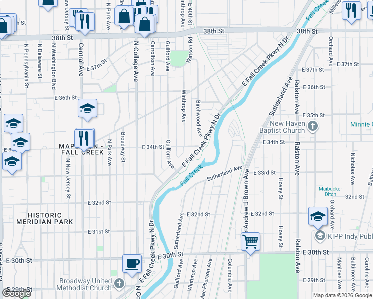 map of restaurants, bars, coffee shops, grocery stores, and more near 949 East 34th Street in Indianapolis