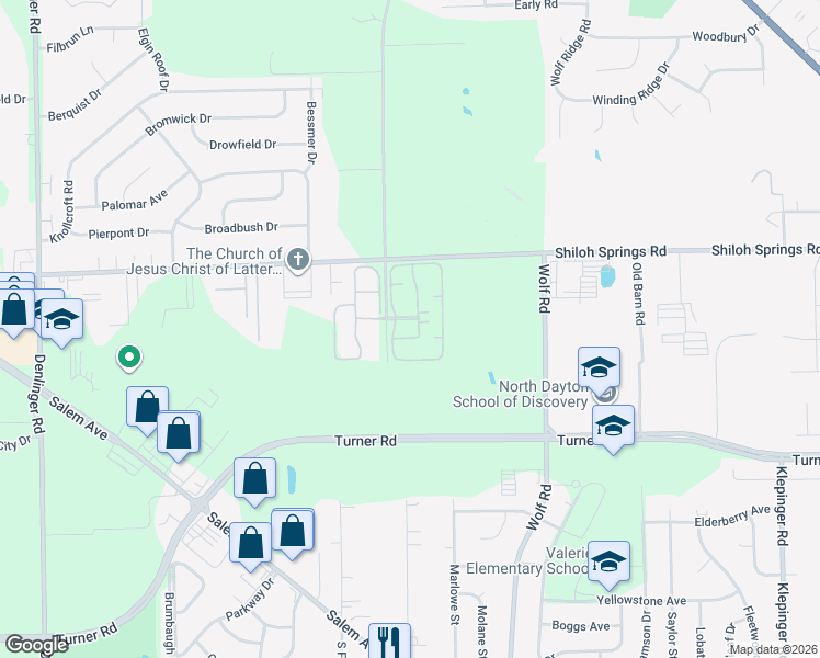 map of restaurants, bars, coffee shops, grocery stores, and more near 1104 Appletree Drive in Trotwood