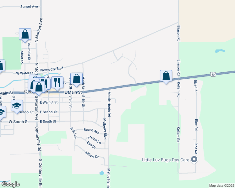 map of restaurants, bars, coffee shops, grocery stores, and more near 703 East Main Street in Centerville