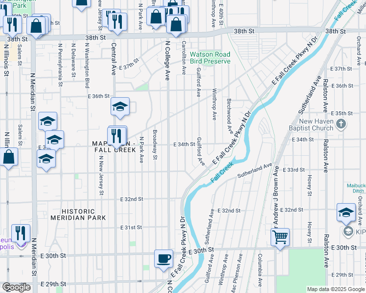 map of restaurants, bars, coffee shops, grocery stores, and more near 775 East 34th Street in Indianapolis