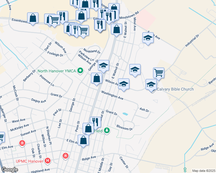 map of restaurants, bars, coffee shops, grocery stores, and more near 864 East Walnut Street in Hanover