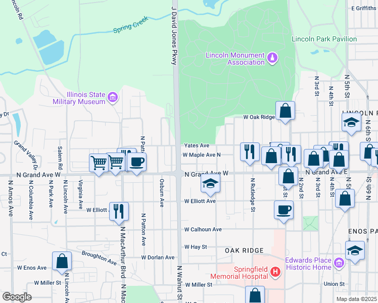 map of restaurants, bars, coffee shops, grocery stores, and more near 605 West Maple Avenue North in Springfield