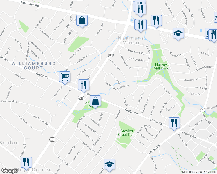 map of restaurants, bars, coffee shops, grocery stores, and more near 2310 Graywood Road in Wilmington
