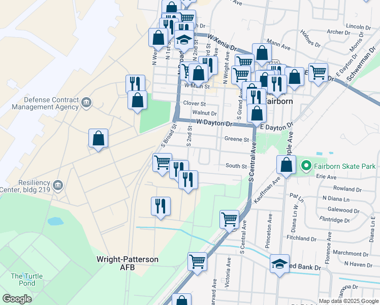 map of restaurants, bars, coffee shops, grocery stores, and more near 308 South 2nd Street in Fairborn