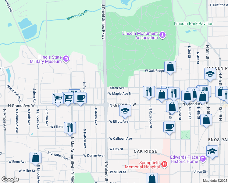 map of restaurants, bars, coffee shops, grocery stores, and more near 605 West Maple Avenue North in Springfield