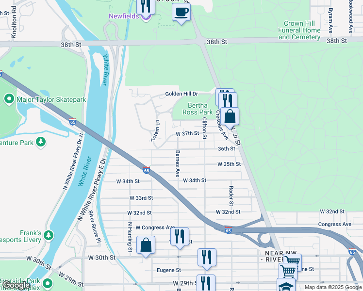 map of restaurants, bars, coffee shops, grocery stores, and more near 1156 36th Street in Indianapolis