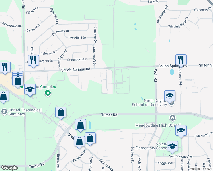 map of restaurants, bars, coffee shops, grocery stores, and more near Hickory Drive in Trotwood