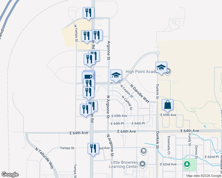 map of restaurants, bars, coffee shops, grocery stores, and more near 18731 66th Place in Denver