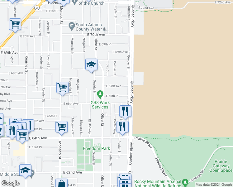 map of restaurants, bars, coffee shops, grocery stores, and more near 7111 East 66th Place in Commerce City