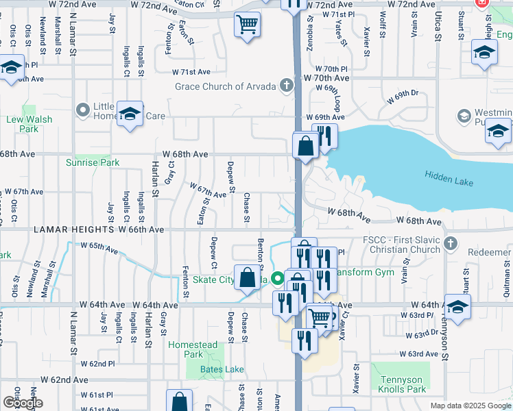 map of restaurants, bars, coffee shops, grocery stores, and more near 6658 Benton Street in Arvada
