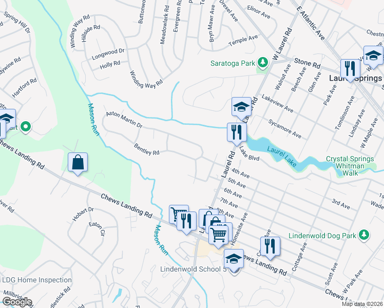 map of restaurants, bars, coffee shops, grocery stores, and more near 731 Bentley Road in Lindenwold