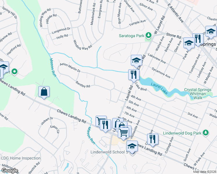 map of restaurants, bars, coffee shops, grocery stores, and more near 731 Bentley Road in Lindenwold