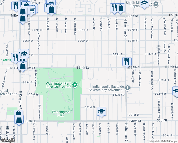 map of restaurants, bars, coffee shops, grocery stores, and more near 3334 Adams Street in Indianapolis