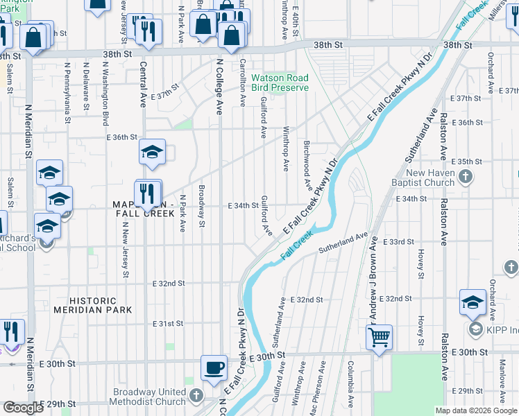 map of restaurants, bars, coffee shops, grocery stores, and more near 3351 Guilford Avenue in Indianapolis