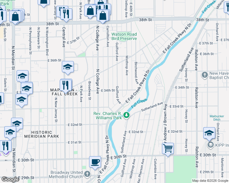 map of restaurants, bars, coffee shops, grocery stores, and more near 3351 Guilford Avenue in Indianapolis