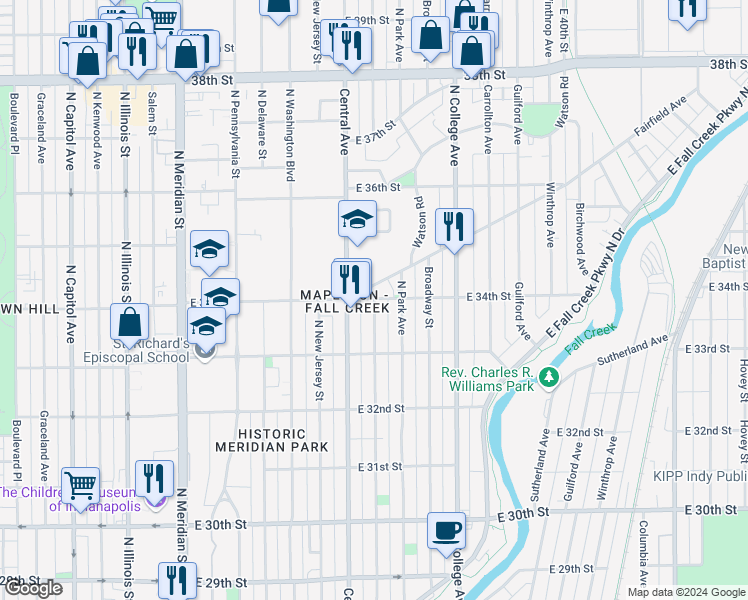 map of restaurants, bars, coffee shops, grocery stores, and more near 3359 Ruckle Street in Indianapolis
