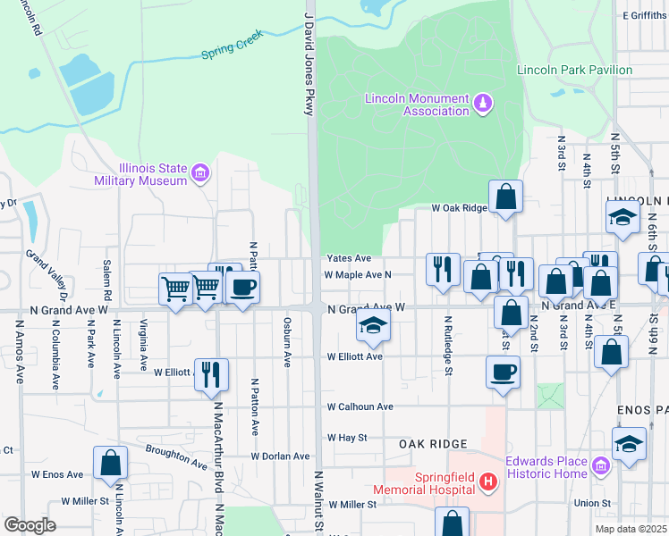 map of restaurants, bars, coffee shops, grocery stores, and more near 605 West Maple Avenue North in Springfield