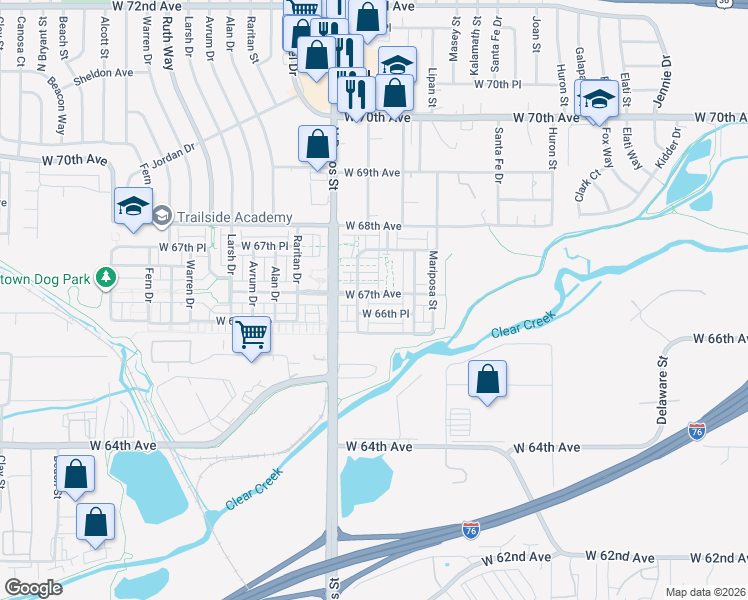 map of restaurants, bars, coffee shops, grocery stores, and more near 1440 West 67th Avenue in Denver