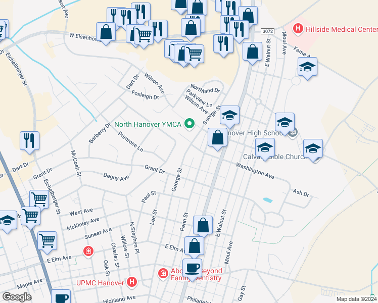 map of restaurants, bars, coffee shops, grocery stores, and more near 429 George Street in Hanover