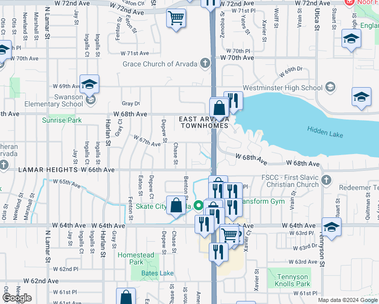 map of restaurants, bars, coffee shops, grocery stores, and more near 6658 Benton Street in Arvada