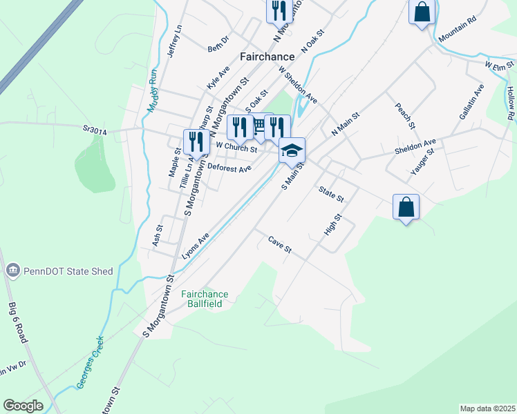 map of restaurants, bars, coffee shops, grocery stores, and more near 48 South Main Street in Fairchance
