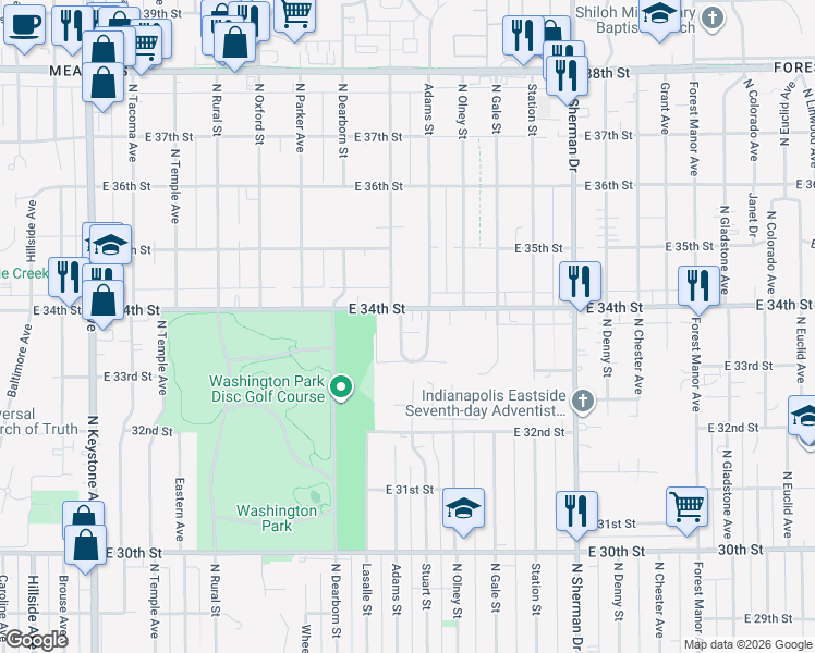 map of restaurants, bars, coffee shops, grocery stores, and more near 3334 Adams Street in Indianapolis
