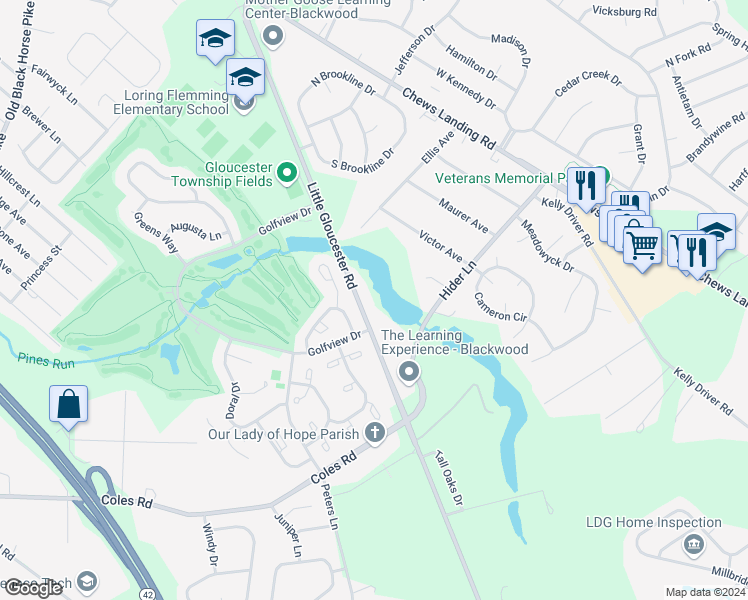map of restaurants, bars, coffee shops, grocery stores, and more near 514 Little Gloucester Road in Camden County