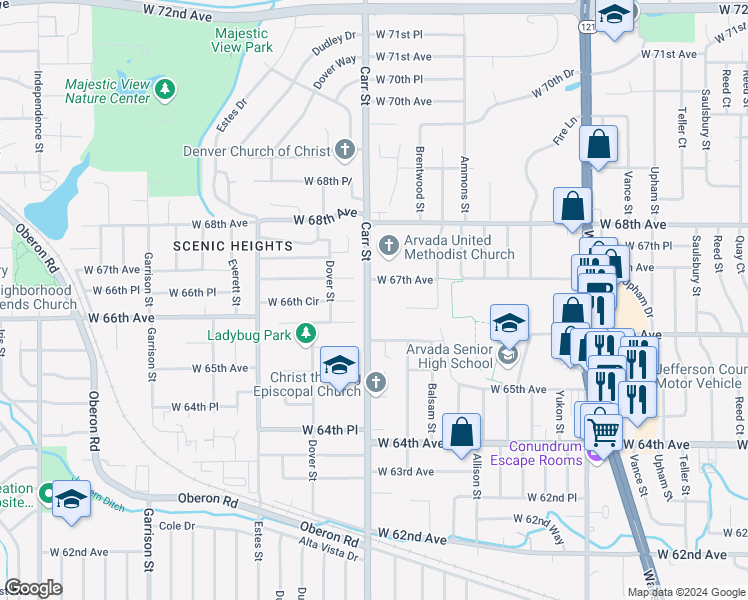 map of restaurants, bars, coffee shops, grocery stores, and more near 6680 Carr Street in Arvada