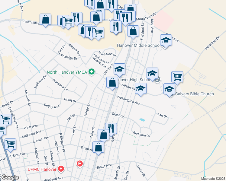 map of restaurants, bars, coffee shops, grocery stores, and more near 868 Broadway in Hanover